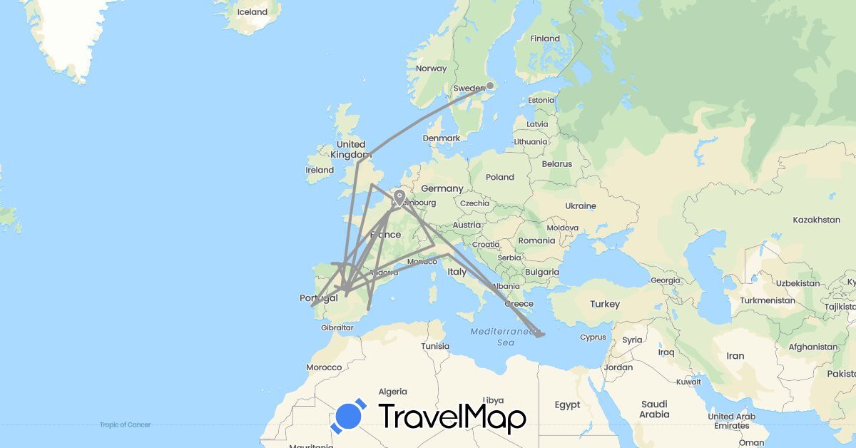 TravelMap itinerary: plane in Belgium, Spain, France, United Kingdom, Greece, Italy, Portugal, Sweden (Europe)
